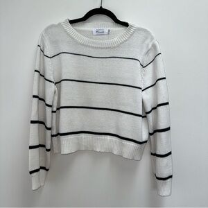 White and Black Striped Women's Boatneck Cotton Blend Sweater